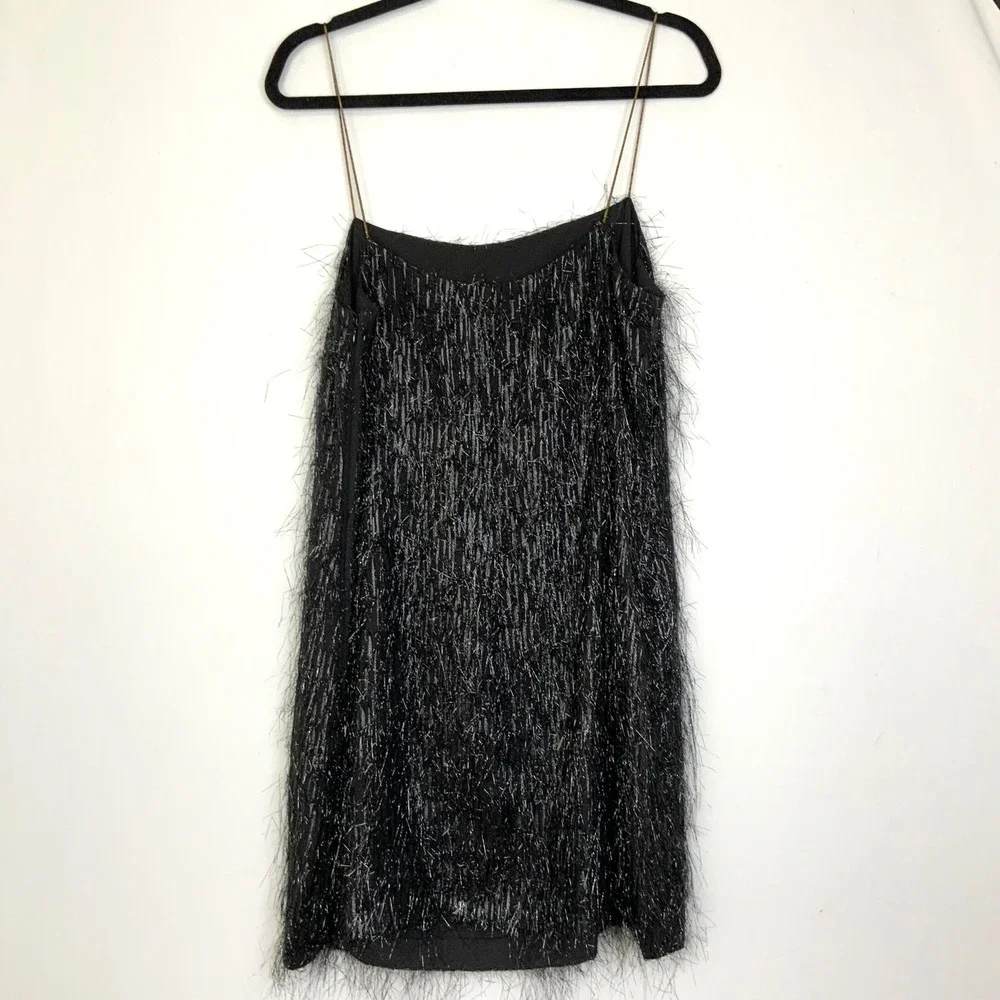 Kate Spade Collection Sz 12 Black Silk Metallic Tinsel Fringe Mini Dress Party